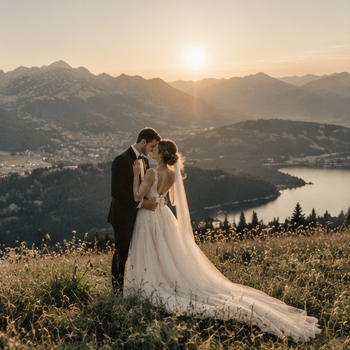 KI-Platzhalter: Hochzeitspaar vor einem Bergsee im Abendlicht