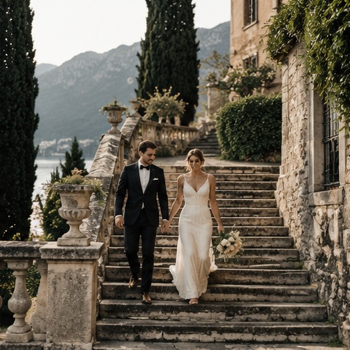 KI-Platzhalter: Hochzeitspaar an einer Villa
