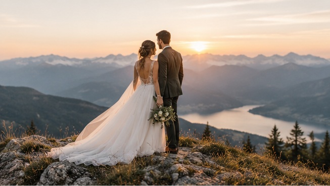 KI-Platzhalter: Hochzeitspaar in alpiner Landschaft